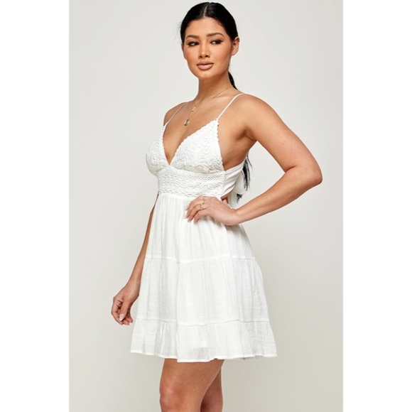 SOLD OUT White Eyelet Embroidered Back Knot Sleeveless V-Neck Mini Dress Summer - Picture 6 of 7